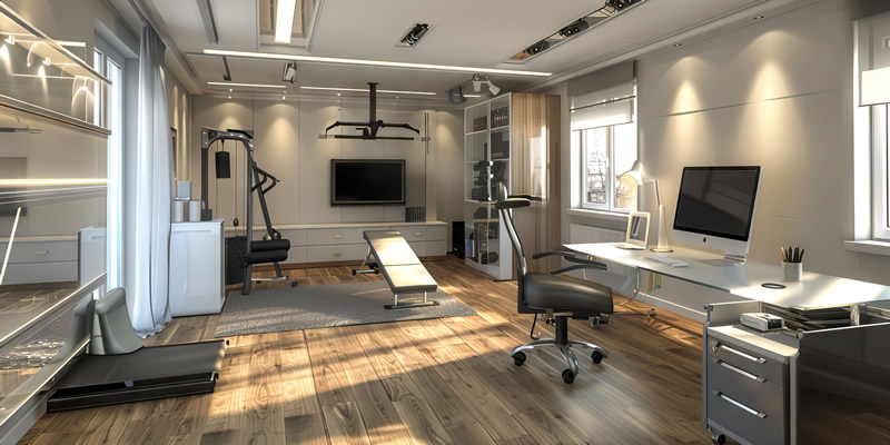 Flexible spaces an office with mini gym and exercise equipment